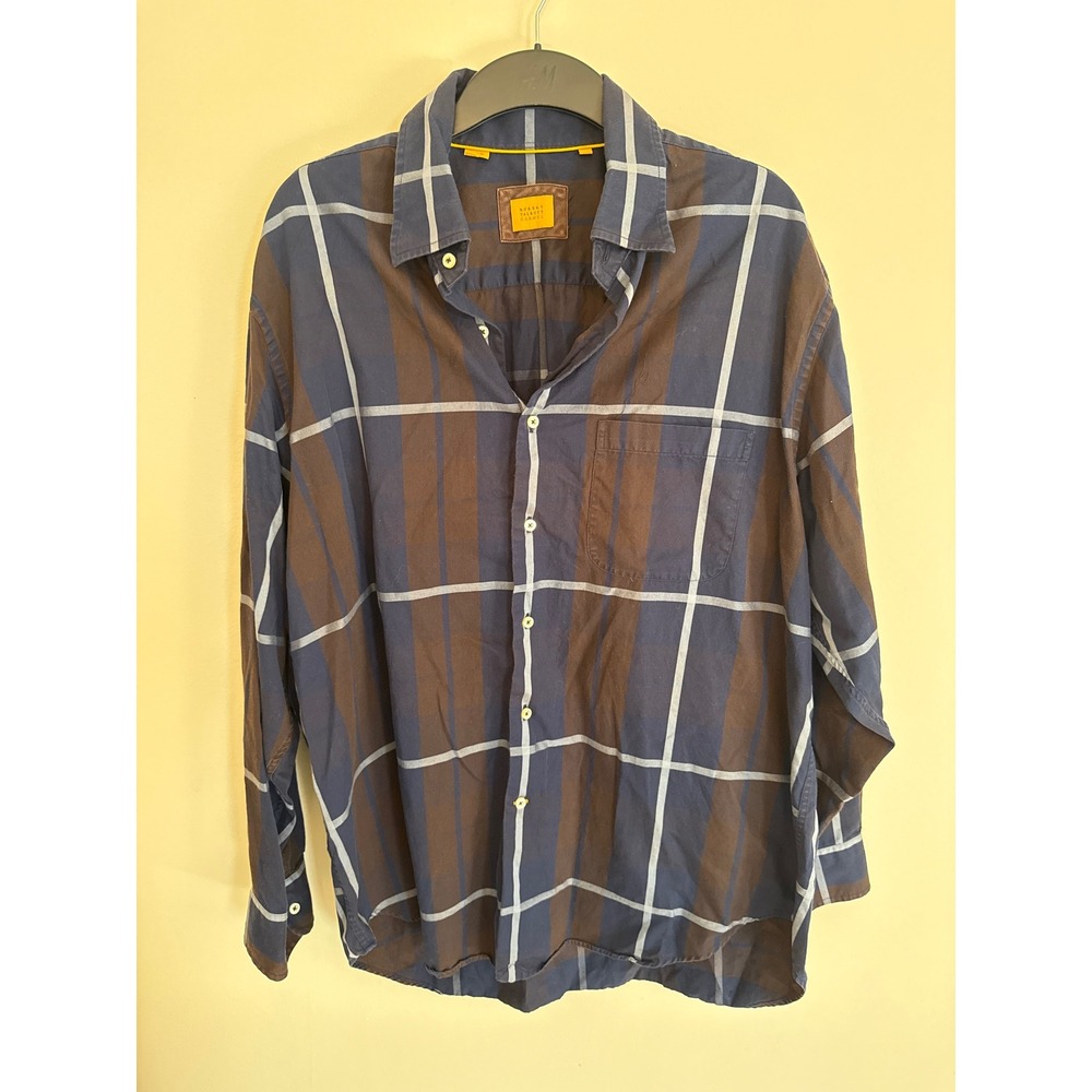 Robert Talbott Carmel Mens XL Navy Blue Brown Windowpane Plaid Cotton Shirt